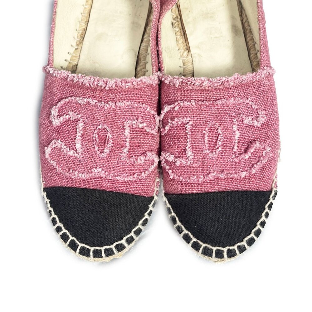 Authentic CHANEL CC Logo Linen Pink Black Espadrilles Flats Shoes 38 - Picture 4 of 7